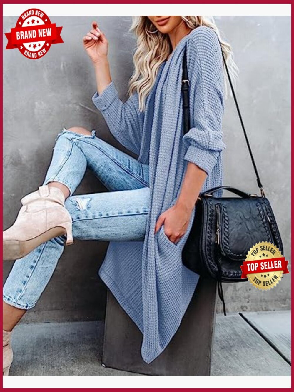 Chunky Waffle Knit Oversized Open Front Cardigan with Pockets - Picture 3 of 7